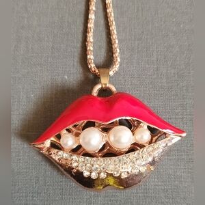 Gold-Tone Lip Pendant Necklace with Red Enamel, Pearls and Crystals